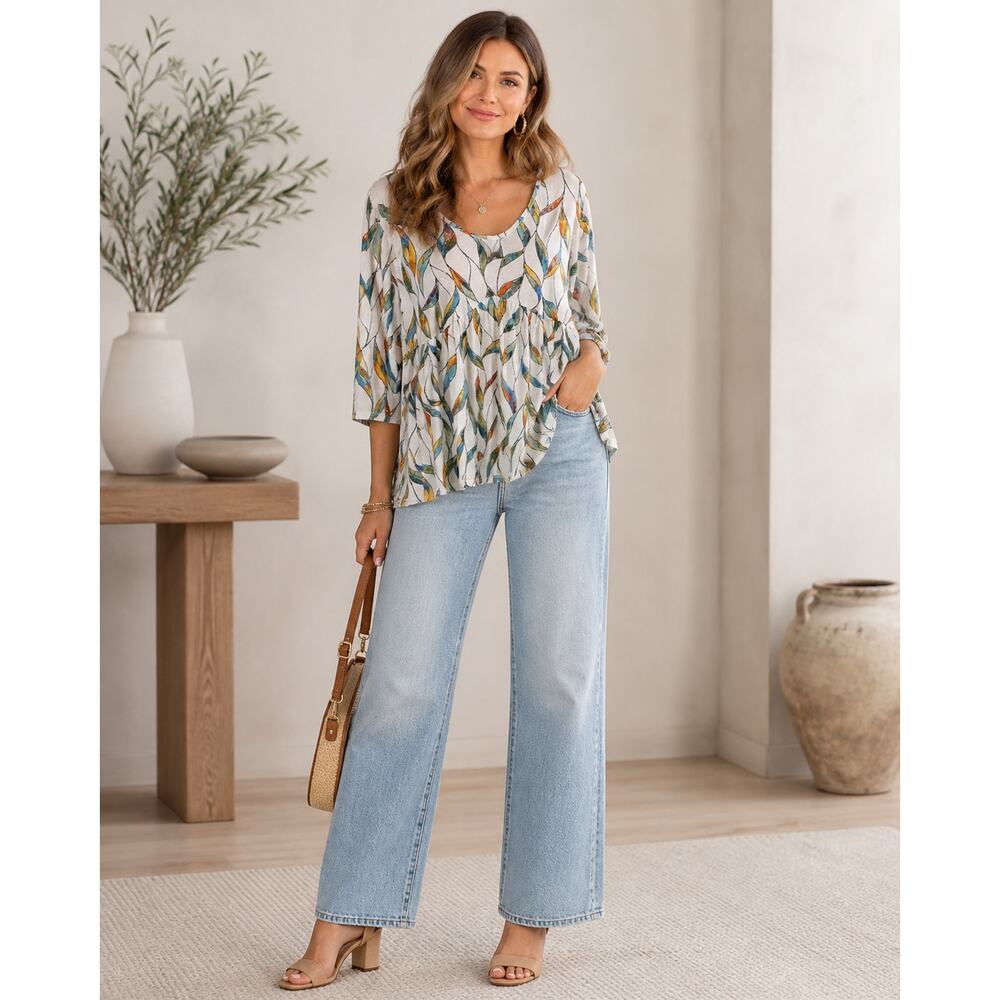 NWT OFEEFAN Wns Large Boho Coastal Leaf Print VNeck 3/4 Sleeve Flowy Tunic top - Picture 4 of 8
